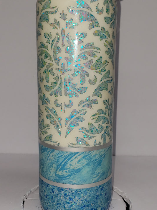 20oz Blue and cream Demask Tuxedo Style tumbler