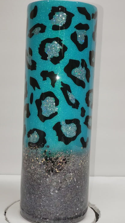 30oz turquoise, silver and black leopard print tumbler